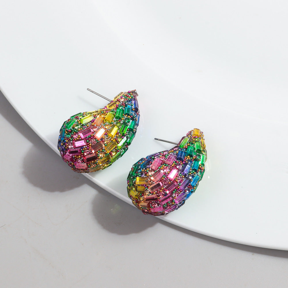 Wholesale Fashion Full Diamond Water Drop Gradient Color Metal Earrings